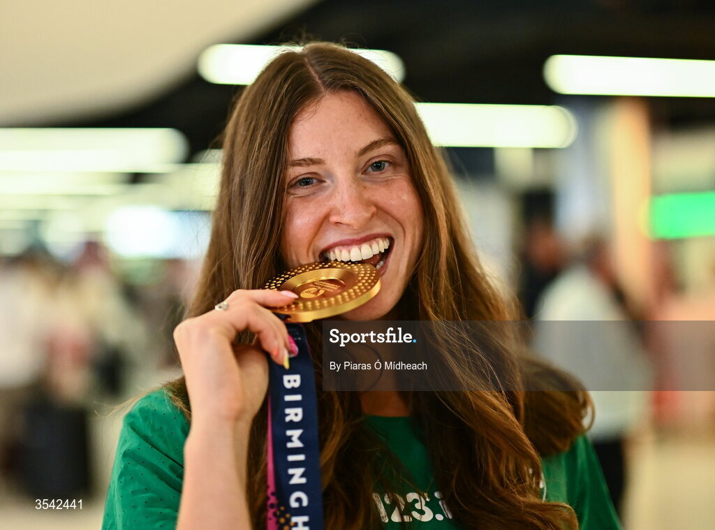 17 August 2026; Women’s heptathlon gold medalist Kate O'Connor at Dublin Airport on return from the 2026 European Athletics Championships in Birmingham, England. Photo by Piaras Ó Mídheach/Sportsfile