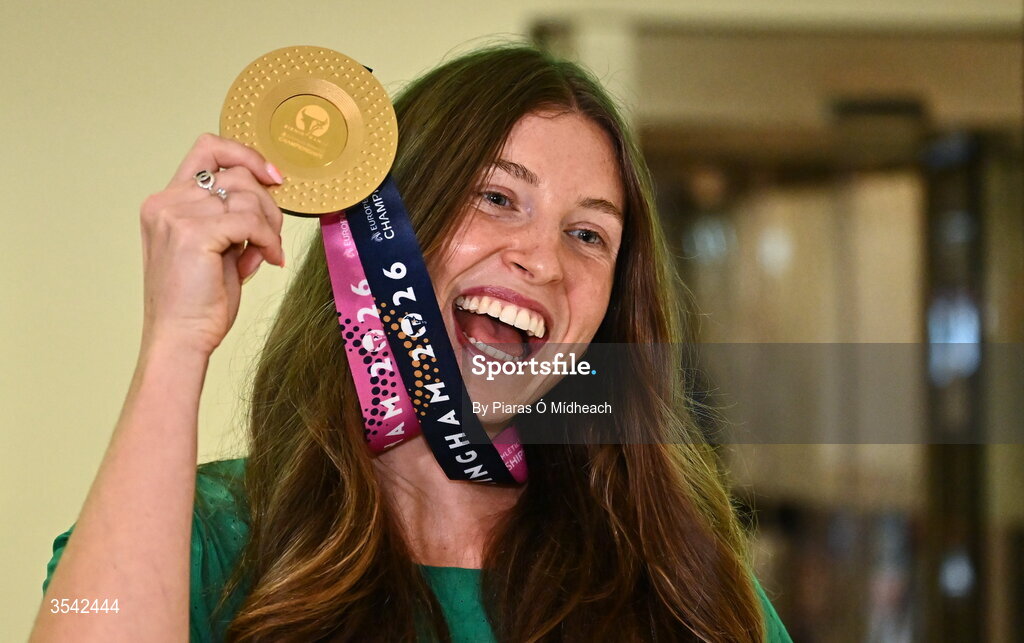 17 August 2026; Women’s heptathlon gold medalist Kate O'Connor at Dublin Airport on return from the 2026 European Athletics Championships in Birmingham, England. Photo by Piaras Ó Mídheach/Sportsfile