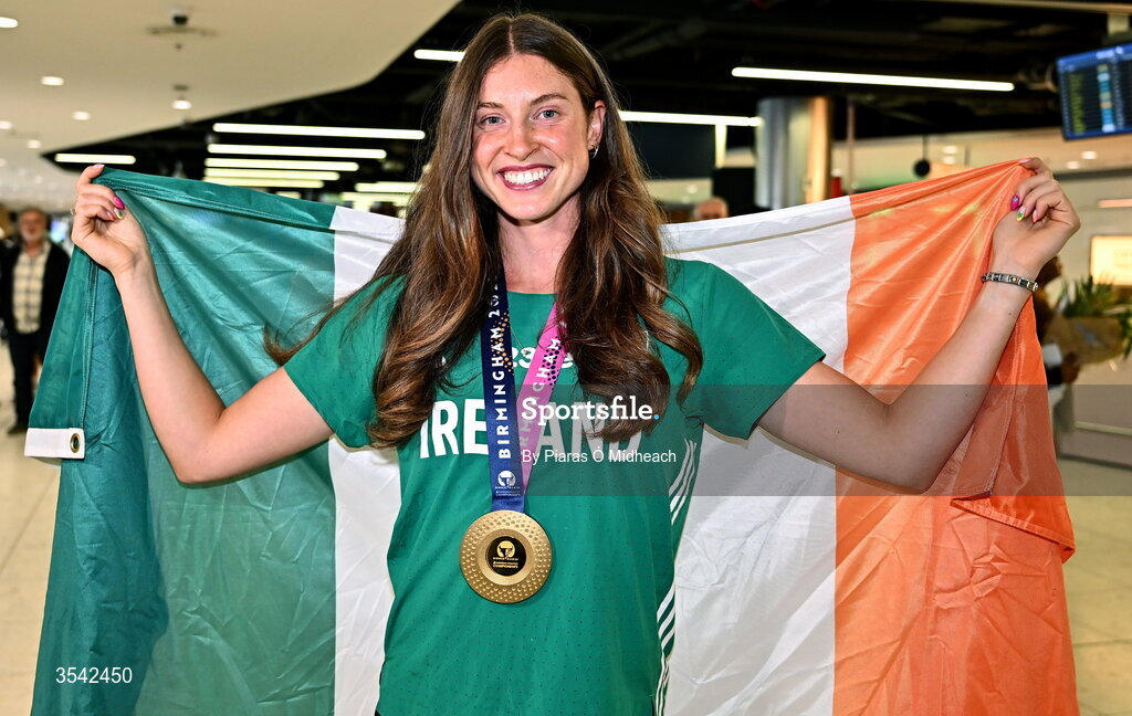 17 August 2026; Women’s heptathlon gold medalist Kate O'Connor at Dublin Airport on return from the 2026 European Athletics Championships in Birmingham, England. Photo by Piaras Ó Mídheach/Sportsfile