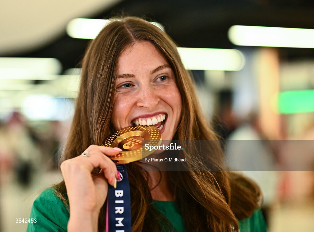 17 August 2026; Women’s heptathlon gold medalist Kate O'Connor at Dublin Airport on return from the 2026 European Athletics Championships in Birmingham, England. Photo by Piaras Ó Mídheach/Sportsfile