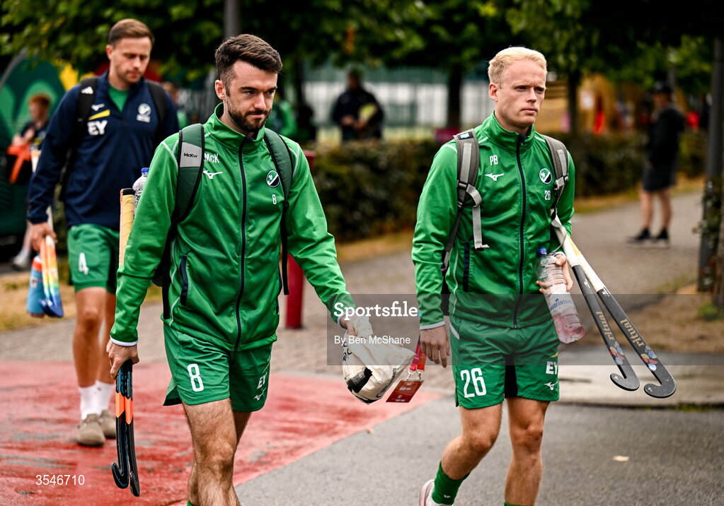 20 August 2026; John McKee, left, and Peter Brown of Ireland arrive before the FIH Men's Hockey World Cup 2026 Pool C match between Ireland and Spain at the Belfius Hockey Arena in Wavre, Belgium. Photo by Ben McShane/Sportsfile
