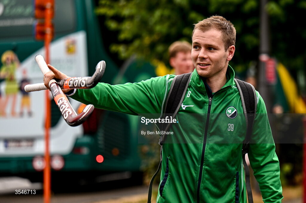 20 August 2026; Fergus Gibson of Ireland arrives before the FIH Men's Hockey World Cup 2026 Pool C match between Ireland and Spain at the Belfius Hockey Arena in Wavre, Belgium. Photo by Ben McShane/Sportsfile