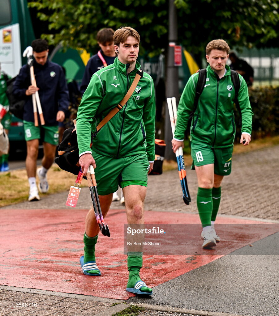 20 August 2026; Alistair Empey of Ireland arrives  with teammates before the FIH Men's Hockey World Cup 2026 Pool C match between Ireland and Spain at the Belfius Hockey Arena in Wavre, Belgium. Photo by Ben McShane/Sportsfile