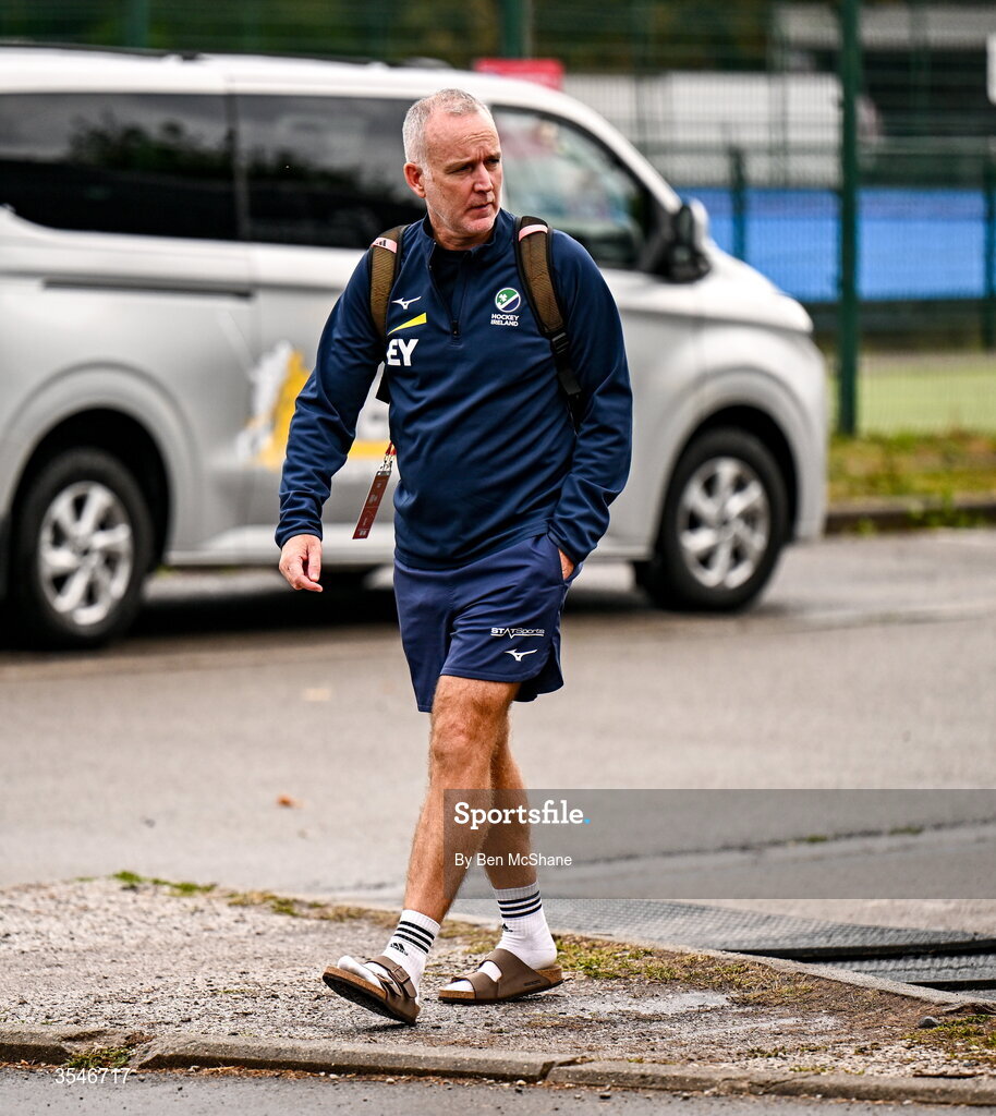 20 August 2026; Ireland head coach Mark Tumilty arrives before the FIH Men's Hockey World Cup 2026 Pool C match between Ireland and Spain at the Belfius Hockey Arena in Wavre, Belgium. Photo by Ben McShane/Sportsfile