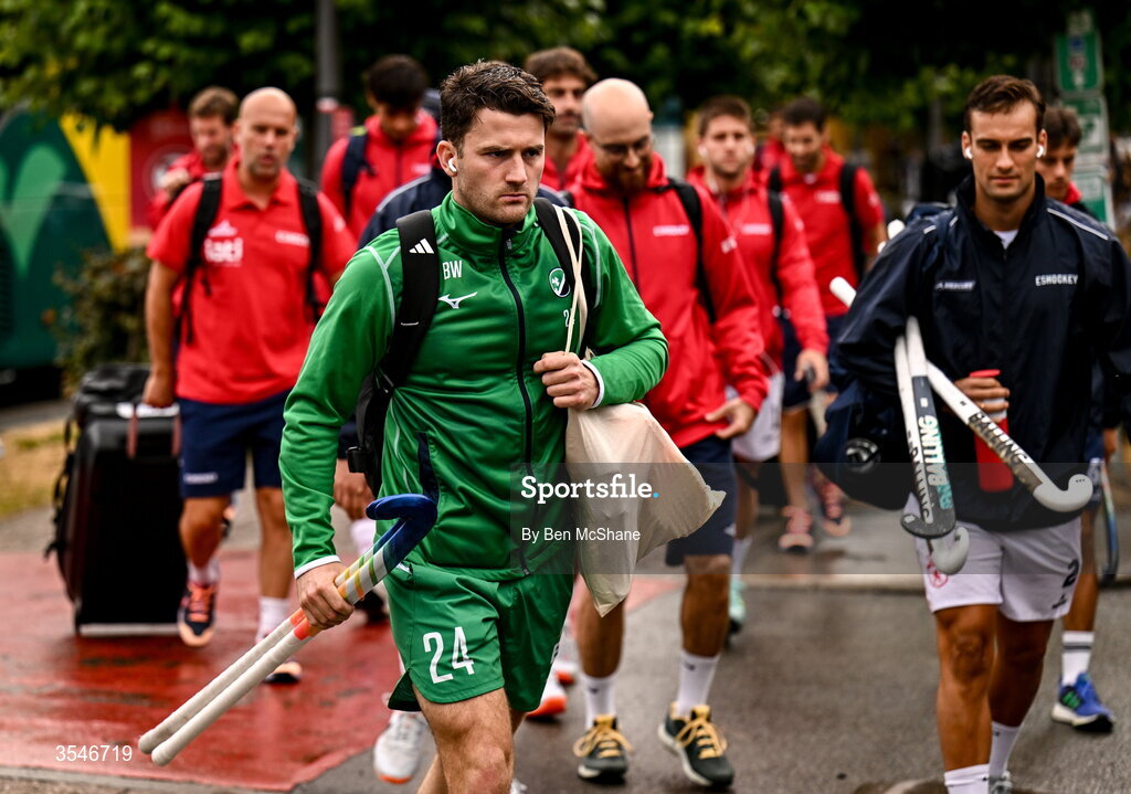 20 August 2026; Benjamin Walker of Ireland arrives before the FIH Men's Hockey World Cup 2026 Pool C match between Ireland and Spain at the Belfius Hockey Arena in Wavre, Belgium. Photo by Ben McShane/Sportsfile