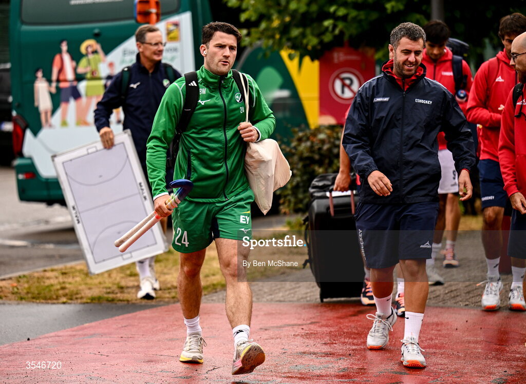 20 August 2026; Benjamin Walker of Ireland arrives before the FIH Men's Hockey World Cup 2026 Pool C match between Ireland and Spain at the Belfius Hockey Arena in Wavre, Belgium. Photo by Ben McShane/Sportsfile