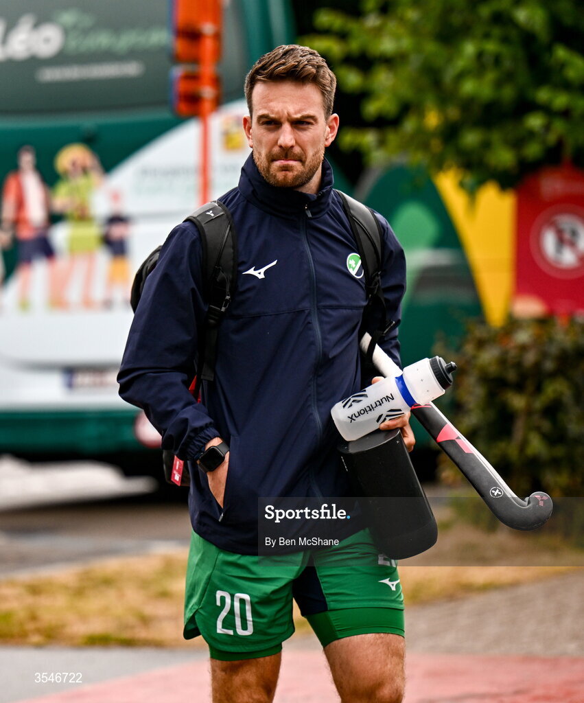 20 August 2026; Jeremy Duncan of Ireland arrives before the FIH Men's Hockey World Cup 2026 Pool C match between Ireland and Spain at the Belfius Hockey Arena in Wavre, Belgium. Photo by Ben McShane/Sportsfile