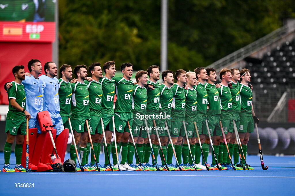20 August 2026; Ireland players stand for 'Ireland's Call' before the FIH Men's Hockey World Cup 2026 Pool C match between Ireland and Spain at the Belfius Hockey Arena in Wavre, Belgium. Photo by Ben McShane/Sportsfile