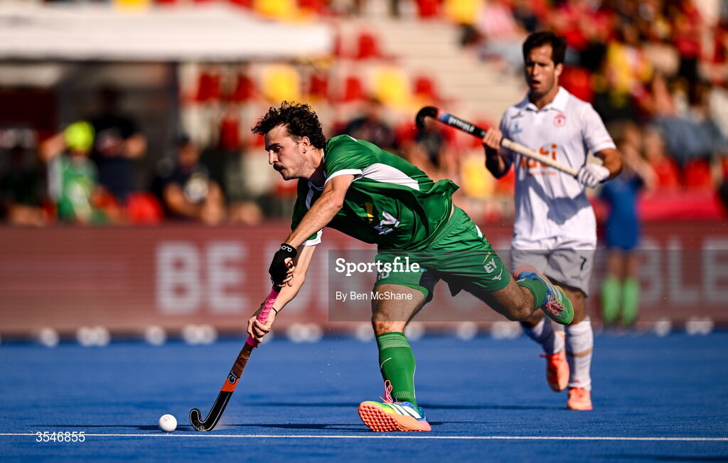 20 August 2026; Louis Rowe of Ireland during the FIH Men's Hockey World Cup 2026 Pool C match between Ireland and Spain at the Belfius Hockey Arena in Wavre, Belgium. Photo by Ben McShane/Sportsfile