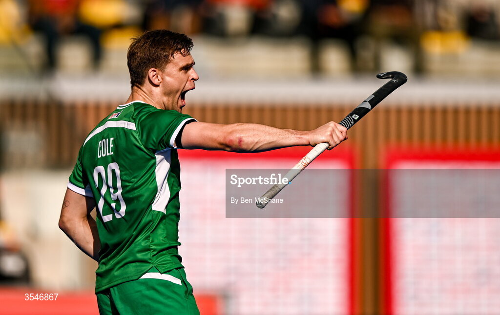 20 August 2026; Lee Cole of Ireland celebrates after scoring his side's first goal, a penalty stroke, during the FIH Men's Hockey World Cup 2026 Pool C match between Ireland and Spain at the Belfius Hockey Arena in Wavre, Belgium. Photo by Ben McShane/Sportsfile