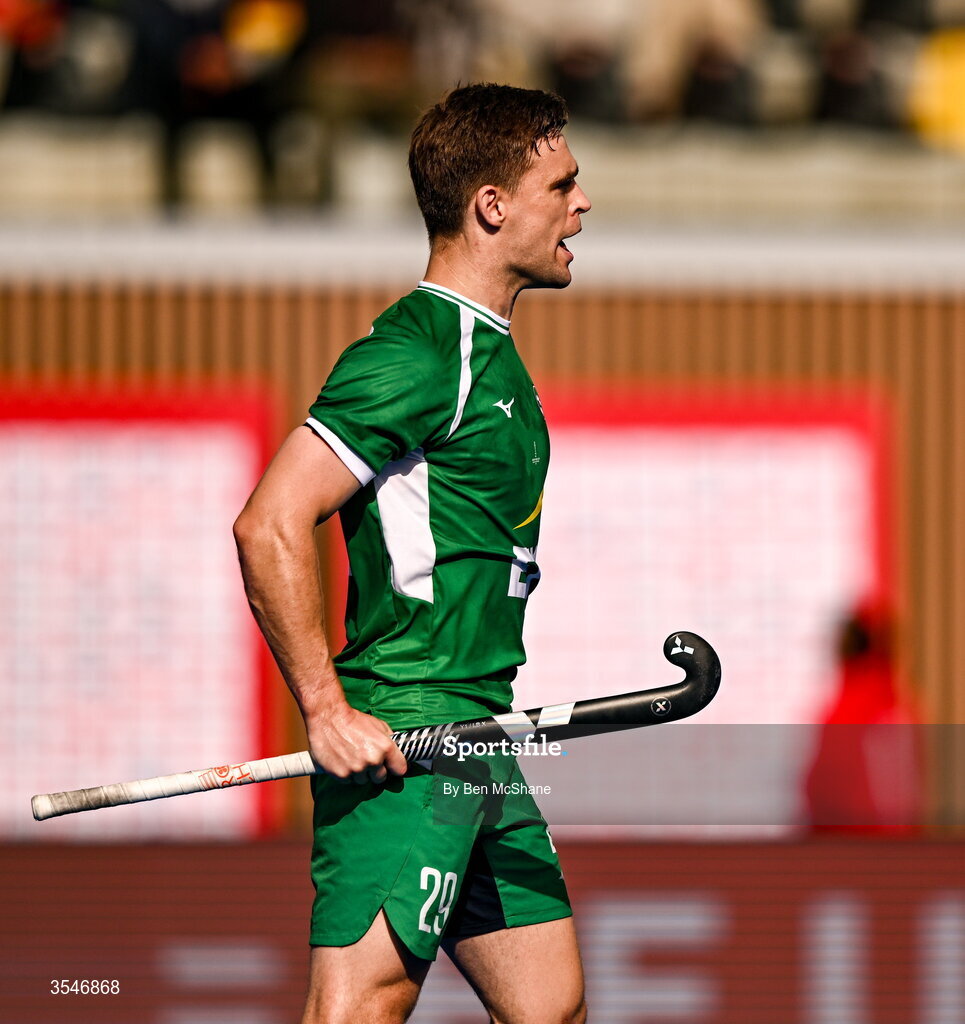 20 August 2026; Lee Cole of Ireland celebrates after scoring his side's first goal, a penalty stroke, during the FIH Men's Hockey World Cup 2026 Pool C match between Ireland and Spain at the Belfius Hockey Arena in Wavre, Belgium. Photo by Ben McShane/Sportsfile