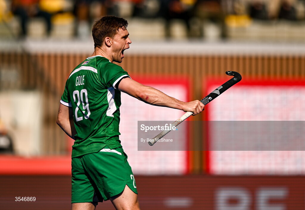 20 August 2026; Lee Cole of Ireland celebrates after scoring his side's first goal, a penalty stroke, during the FIH Men's Hockey World Cup 2026 Pool C match between Ireland and Spain at the Belfius Hockey Arena in Wavre, Belgium. Photo by Ben McShane/Sportsfile
