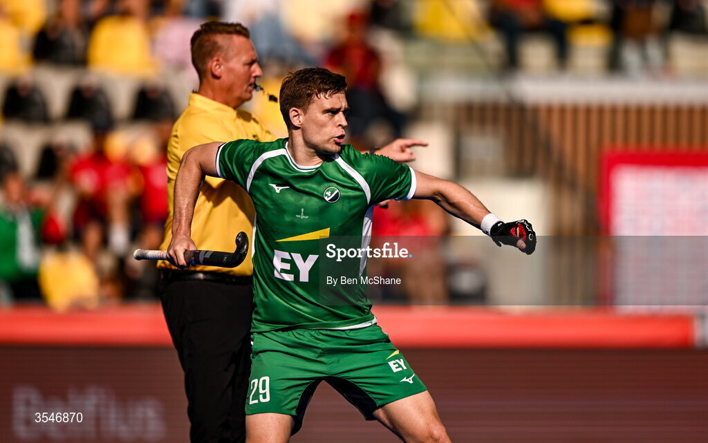 20 August 2026; Lee Cole of Ireland celebrates after scoring his side's first goal, a penalty stroke, during the FIH Men's Hockey World Cup 2026 Pool C match between Ireland and Spain at the Belfius Hockey Arena in Wavre, Belgium. Photo by Ben McShane/Sportsfile