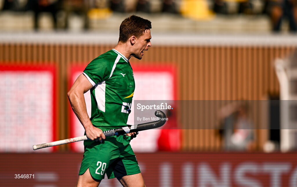 20 August 2026; Lee Cole of Ireland celebrates after scoring his side's first goal, a penalty stroke, during the FIH Men's Hockey World Cup 2026 Pool C match between Ireland and Spain at the Belfius Hockey Arena in Wavre, Belgium. Photo by Ben McShane/Sportsfile
