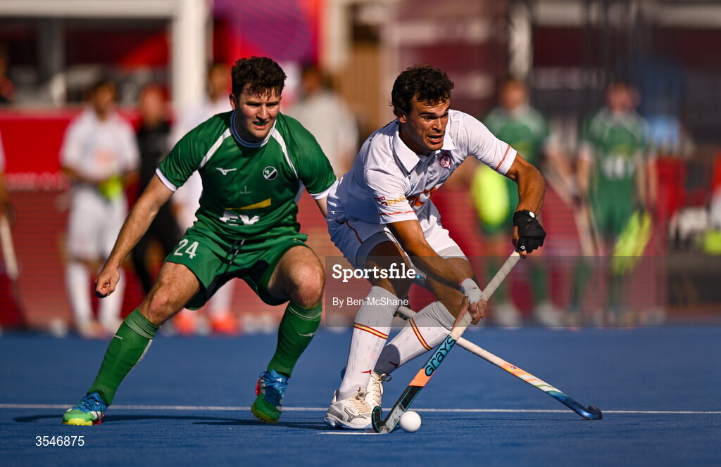 20 August 2026; Xavier Gispert of Spain in action against Benjamin Walker of Ireland during the FIH Men's Hockey World Cup 2026 Pool C match between Ireland and Spain at the Belfius Hockey Arena in Wavre, Belgium. Photo by Ben McShane/Sportsfile