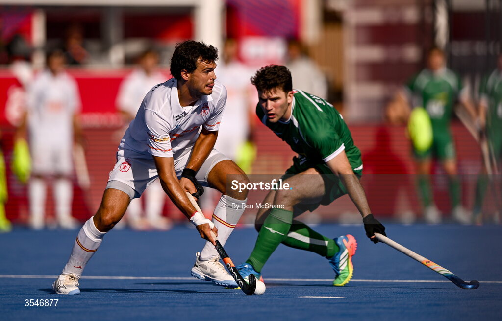 20 August 2026; Xavier Gispert of Spain in action against Benjamin Walker of Ireland during the FIH Men's Hockey World Cup 2026 Pool C match between Ireland and Spain at the Belfius Hockey Arena in Wavre, Belgium. Photo by Ben McShane/Sportsfile