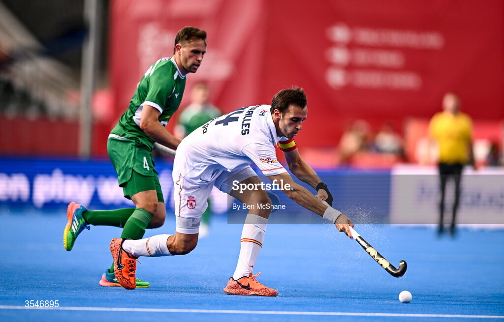 20 August 2026; Marc Miralles of Spain in action against Luke Withrow of Ireland during the FIH Men's Hockey World Cup 2026 Pool C match between Ireland and Spain at the Belfius Hockey Arena in Wavre, Belgium. Photo by Ben McShane/Sportsfile
