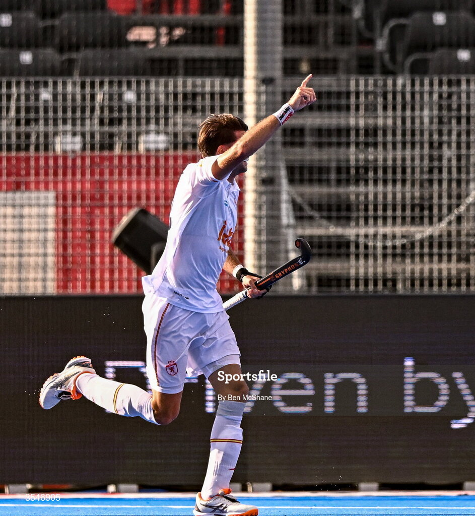 20 August 2026; Marc Reyne of Spain, right, celebrates after scoring his side's second goal during the FIH Men's Hockey World Cup 2026 Pool C match between Ireland and Spain at the Belfius Hockey Arena in Wavre, Belgium. Photo by Ben McShane/Sportsfile