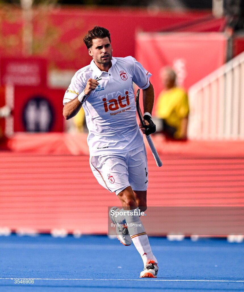 20 August 2026; Marc Reyne of Spain celebrates after scoring his side's second goal during the FIH Men's Hockey World Cup 2026 Pool C match between Ireland and Spain at the Belfius Hockey Arena in Wavre, Belgium. Photo by Ben McShane/Sportsfile