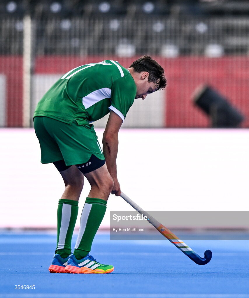 20 August 2026; Sean Murray of Ireland reacts after his side's defeat in the FIH Men's Hockey World Cup 2026 Pool C match between Ireland and Spain at the Belfius Hockey Arena in Wavre, Belgium. Photo by Ben McShane/Sportsfile