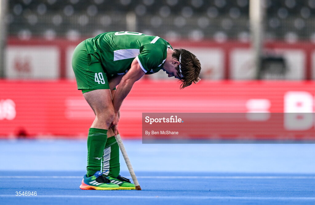 20 August 2026; Alistair Empey of Ireland reacts after his side's defeat in the FIH Men's Hockey World Cup 2026 Pool C match between Ireland and Spain at the Belfius Hockey Arena in Wavre, Belgium. Photo by Ben McShane/Sportsfile