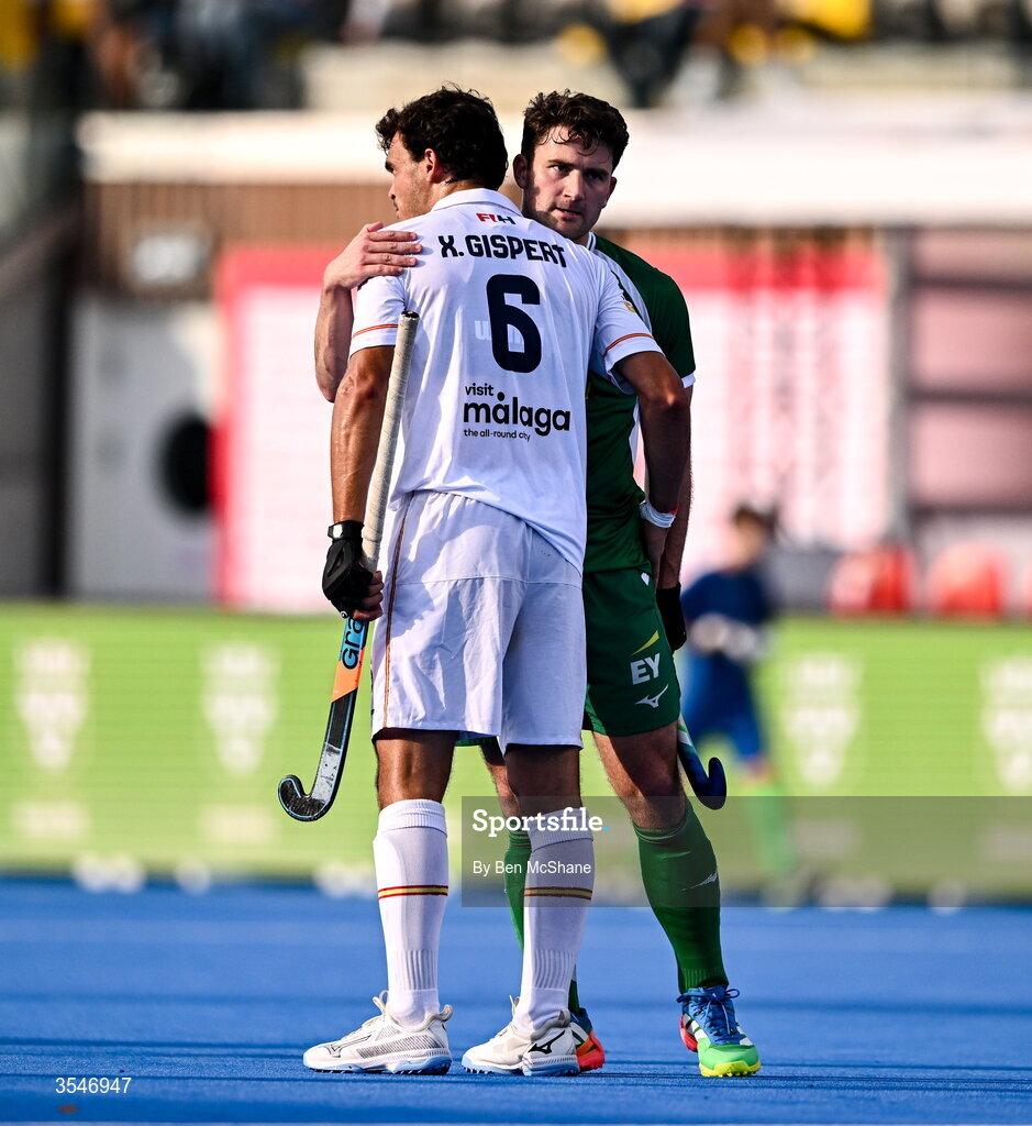 20 August 2026; Benjamin Walker of Ireland with Xavier Gispert of Spain after during the FIH Men's Hockey World Cup 2026 Pool C match between Ireland and Spain at the Belfius Hockey Arena in Wavre, Belgium. Photo by Ben McShane/Sportsfile