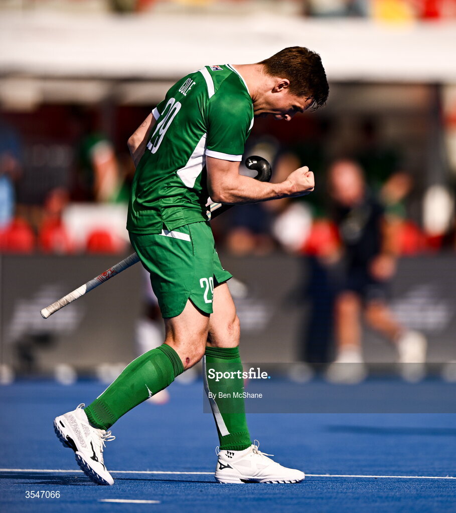 20 August 2026; Lee Cole of Ireland celebrates after scoring his side's first goal, a penalty stroke, during the FIH Men's Hockey World Cup 2026 Pool C match between Ireland and Spain at the Belfius Hockey Arena in Wavre, Belgium. Photo by Ben McShane/Sportsfile