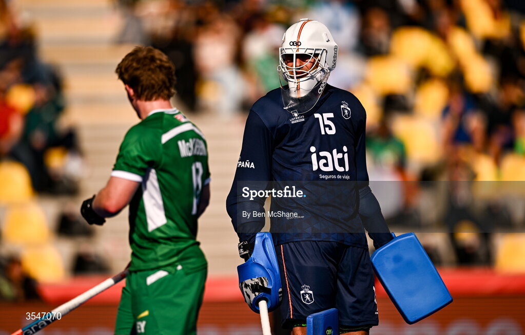 20 August 2026; Spain goalkeeper Luis Calzado in conversation with Peter McKibbin of Ireland during the FIH Men's Hockey World Cup 2026 Pool C match between Ireland and Spain at the Belfius Hockey Arena in Wavre, Belgium. Photo by Ben McShane/Sportsfile