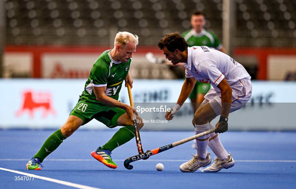 20 August 2026; Peter Brown of Ireland and Xavier Gispert of Spain during the FIH Men's Hockey World Cup 2026 Pool C match between Ireland and Spain at the Belfius Hockey Arena in Wavre, Belgium. Photo by Ben McShane/Sportsfile