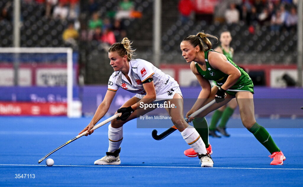 20 August 2026; Alix Gerniers of Belgium in action against Mia Jennings of Ireland during the FIH Women's Hockey World Cup 2026 Pool C match between Belgium and Ireland at the Belfius Hockey Arena in Wavre, Belgium. Photo by Ben McShane/Sportsfile