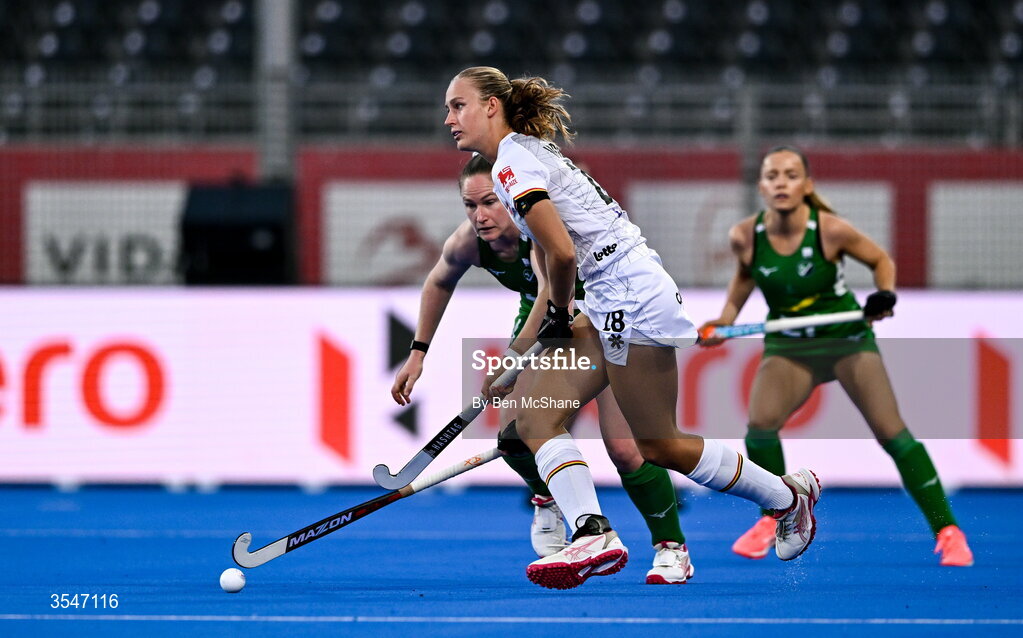20 August 2026; Lisa Moors of Belgium in action against Aisling Utri of Ireland during the FIH Women's Hockey World Cup 2026 Pool C match between Belgium and Ireland at the Belfius Hockey Arena in Wavre, Belgium. Photo by Ben McShane/Sportsfile