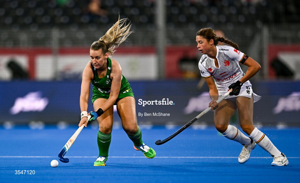 20 August 2026; Christina Hamill of Ireland in action against Perrine de Clerck of Belgium during the FIH Women's Hockey World Cup 2026 Pool C match between Belgium and Ireland at the Belfius Hockey Arena in Wavre, Belgium. Photo by Ben McShane/Sportsfile