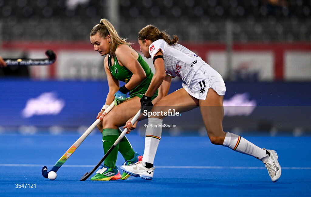 20 August 2026; Christina Hamill of Ireland in action against Perrine de Clerck of Belgium during the FIH Women's Hockey World Cup 2026 Pool C match between Belgium and Ireland at the Belfius Hockey Arena in Wavre, Belgium. Photo by Ben McShane/Sportsfile