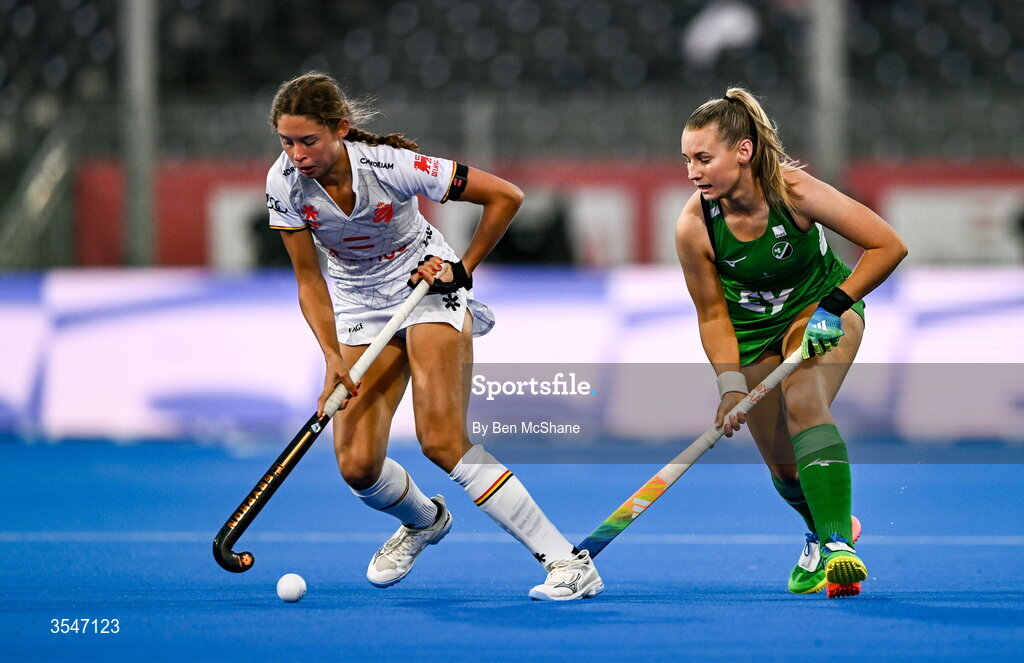 20 August 2026; Perrine de Clerck of Belgium in action against Christina Hamill of Ireland during the FIH Women's Hockey World Cup 2026 Pool C match between Belgium and Ireland at the Belfius Hockey Arena in Wavre, Belgium. Photo by Ben McShane/Sportsfile
