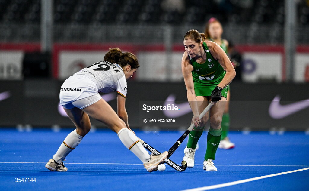 20 August 2026; Kathryn Mullan of Ireland in action against Helene Brasseur of Belgium during the FIH Women's Hockey World Cup 2026 Pool C match between Belgium and Ireland at the Belfius Hockey Arena in Wavre, Belgium. Photo by Ben McShane/Sportsfile