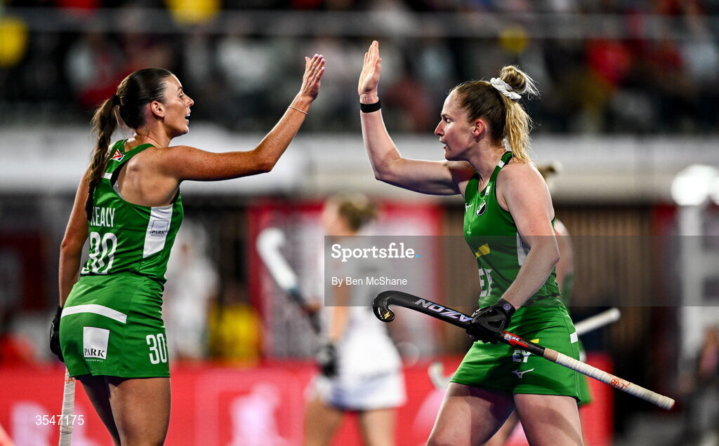 20 August 2026; Emily Kealy, left, and Aisling Utri of Ireland celebrate after receiving a penalty-corner during the FIH Women's Hockey World Cup 2026 Pool C match between Belgium and Ireland at the Belfius Hockey Arena in Wavre, Belgium. Photo by Ben McShane/Sportsfile