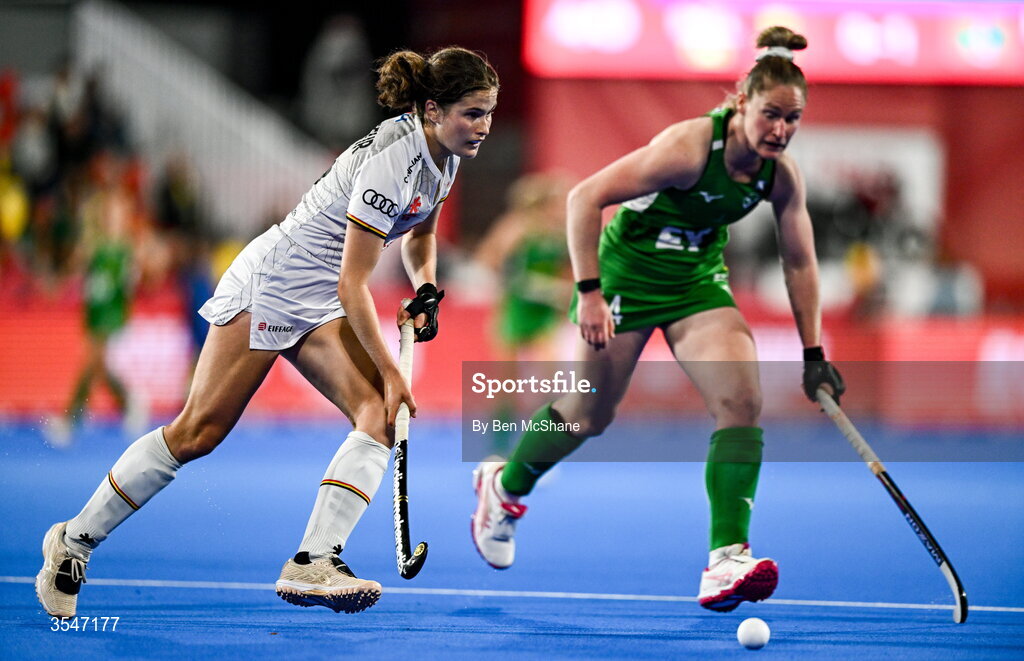 20 August 2026; Helene Brasseur of Belgium in action against Aisling Utri of Ireland during the FIH Women's Hockey World Cup 2026 Pool C match between Belgium and Ireland at the Belfius Hockey Arena in Wavre, Belgium. Photo by Ben McShane/Sportsfile