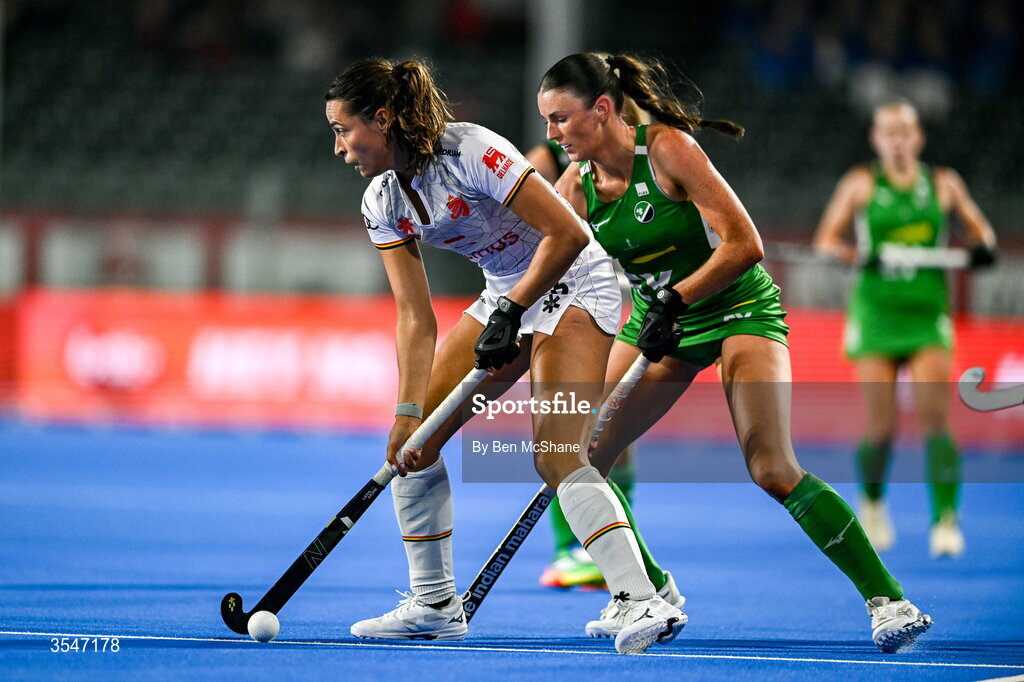 20 August 2026; Lien Hillewaert of Belgium in action against Emily Kealy of Ireland during the FIH Women's Hockey World Cup 2026 Pool C match between Belgium and Ireland at the Belfius Hockey Arena in Wavre, Belgium. Photo by Ben McShane/Sportsfile