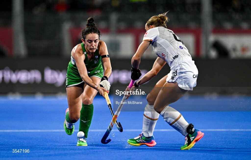 20 August 2026; Hannah McLoughlin of Ireland in action against Camille Belis of Belgium during the FIH Women's Hockey World Cup 2026 Pool C match between Belgium and Ireland at the Belfius Hockey Arena in Wavre, Belgium. Photo by Ben McShane/Sportsfile