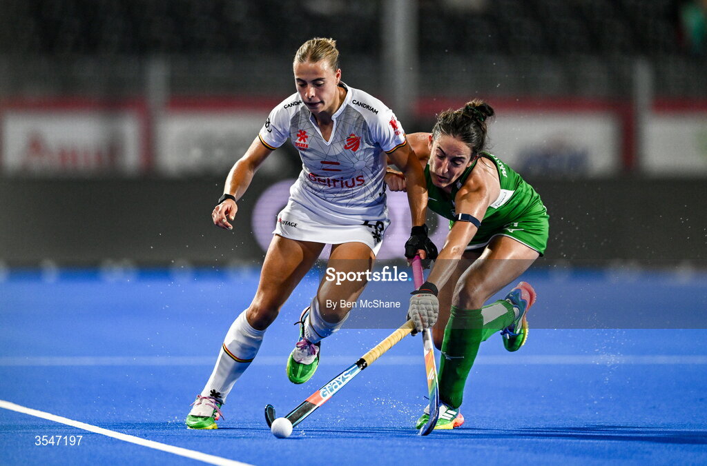 20 August 2026; Camille Belis of Belgium in action against Hannah McLoughlin of Ireland during the FIH Women's Hockey World Cup 2026 Pool C match between Belgium and Ireland at the Belfius Hockey Arena in Wavre, Belgium. Photo by Ben McShane/Sportsfile