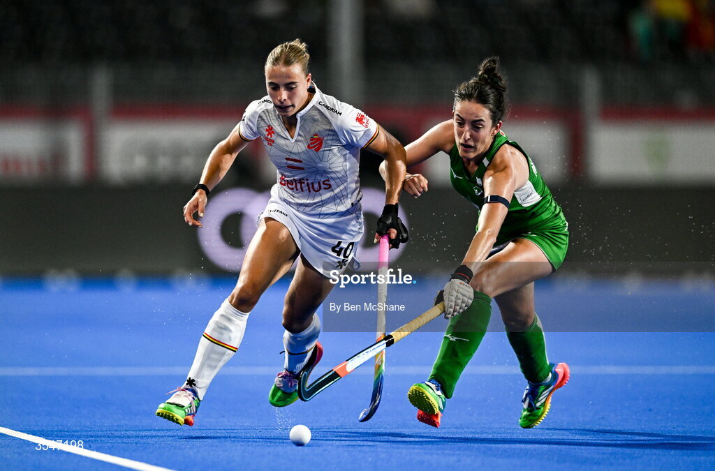 20 August 2026; Camille Belis of Belgium in action against Hannah McLoughlin of Ireland during the FIH Women's Hockey World Cup 2026 Pool C match between Belgium and Ireland at the Belfius Hockey Arena in Wavre, Belgium. Photo by Ben McShane/Sportsfile