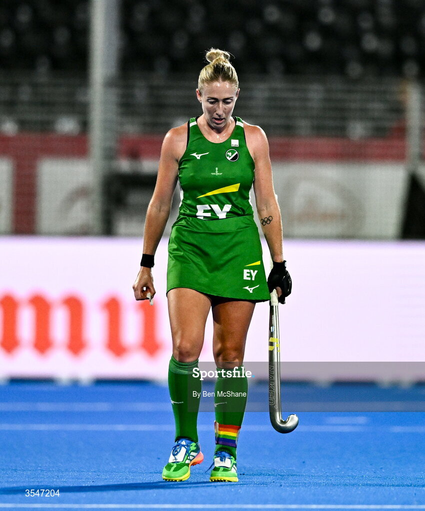 20 August 2026; Sarah Hawkshaw of Ireland reacts during the FIH Women's Hockey World Cup 2026 Pool C match between Belgium and Ireland at the Belfius Hockey Arena in Wavre, Belgium. Photo by Ben McShane/Sportsfile