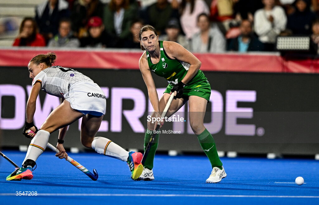 20 August 2026; Kathryn Mullan of Ireland in action against Camille Belis of Belgium during the FIH Women's Hockey World Cup 2026 Pool C match between Belgium and Ireland at the Belfius Hockey Arena in Wavre, Belgium. Photo by Ben McShane/Sportsfile
