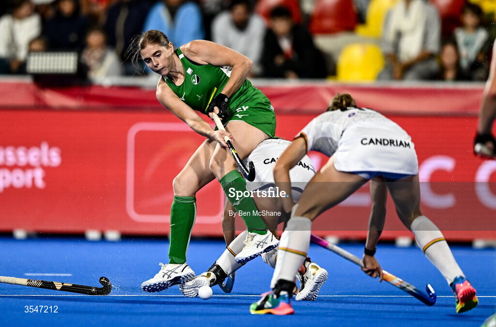20 August 2026; Kathryn Mullan of Ireland in action against Alix Gerniers of Belgium during the FIH Women's Hockey World Cup 2026 Pool C match between Belgium and Ireland at the Belfius Hockey Arena in Wavre, Belgium. Photo by Ben McShane/Sportsfile