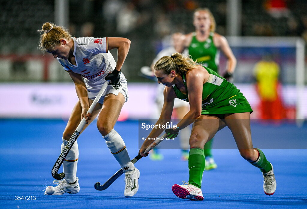 20 August 2026; Emma Puvrez of Belgium in action against Charlotte Beggs of Ireland during the FIH Women's Hockey World Cup 2026 Pool C match between Belgium and Ireland at the Belfius Hockey Arena in Wavre, Belgium. Photo by Ben McShane/Sportsfile