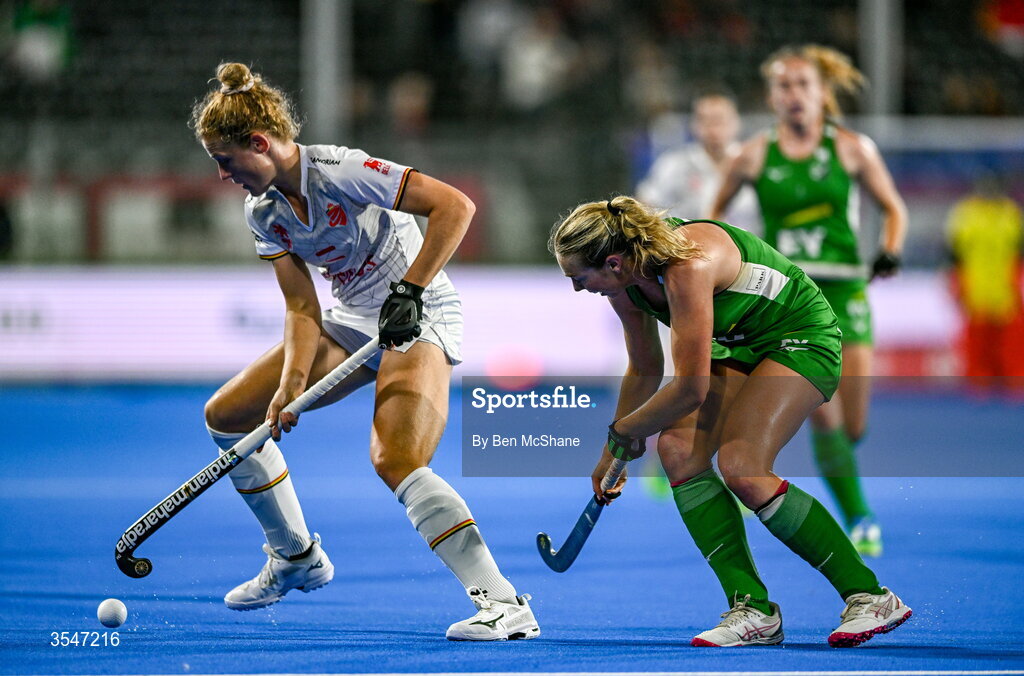 20 August 2026; Emma Puvrez of Belgium in action against Charlotte Beggs of Ireland during the FIH Women's Hockey World Cup 2026 Pool C match between Belgium and Ireland at the Belfius Hockey Arena in Wavre, Belgium. Photo by Ben McShane/Sportsfile