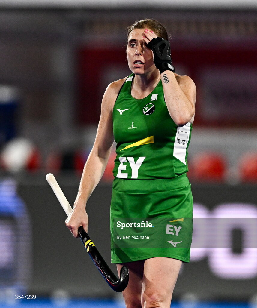 20 August 2026; Kathryn Mullan of Ireland reacts after her side's defeat in the FIH Women's Hockey World Cup 2026 Pool C match between Belgium and Ireland at the Belfius Hockey Arena in Wavre, Belgium. Photo by Ben McShane/Sportsfile
