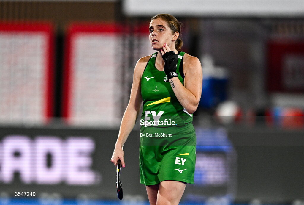 20 August 2026; Kathryn Mullan of Ireland reacts after her side's defeat in the FIH Women's Hockey World Cup 2026 Pool C match between Belgium and Ireland at the Belfius Hockey Arena in Wavre, Belgium. Photo by Ben McShane/Sportsfile