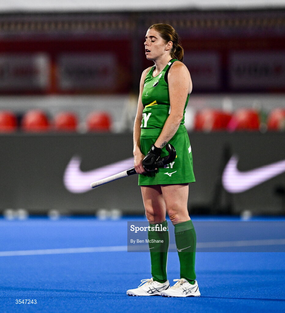 20 August 2026; Kathryn Mullan of Ireland reacts after her side's defeat in the FIH Women's Hockey World Cup 2026 Pool C match between Belgium and Ireland at the Belfius Hockey Arena in Wavre, Belgium. Photo by Ben McShane/Sportsfile