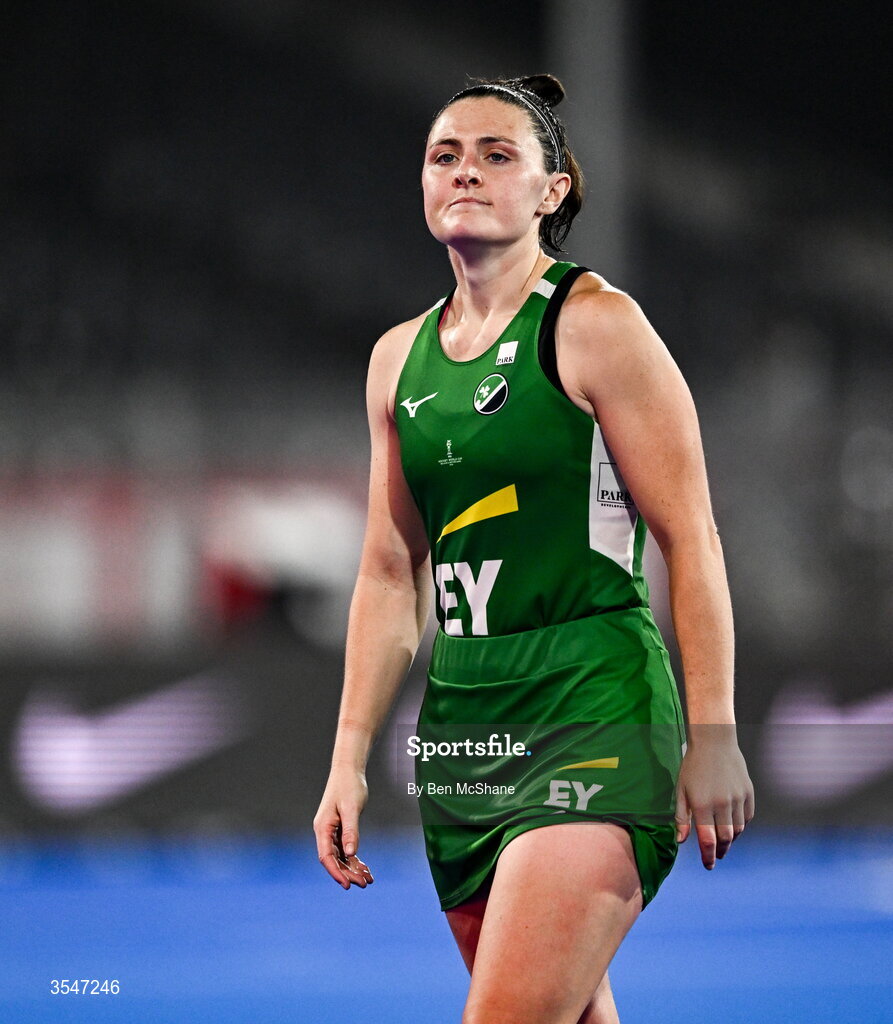 20 August 2026; Roisin Upton of Ireland reacts after her side's defeat in the FIH Women's Hockey World Cup 2026 Pool C match between Belgium and Ireland at the Belfius Hockey Arena in Wavre, Belgium. Photo by Ben McShane/Sportsfile